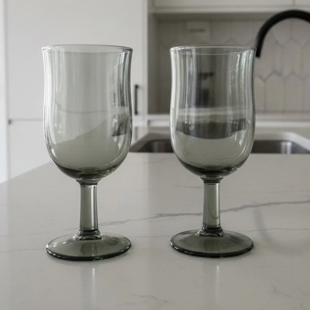 Duz Crystal Smoke Gray Water Goblets, Set‎ of 2, Mid Century Footed Glasses